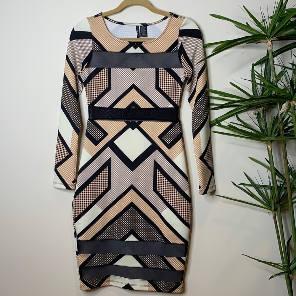 Fire Los Angeles Geometric Print Bodycon Stretch Long Sleeve Mesh Detail Dress M